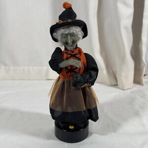 Vintage Gemmy Witch Animated Halloween Figure Pets Cat Light Up Eyes Sounds